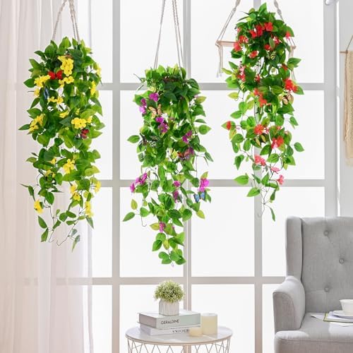 BLEUM CADE Artificial Hanging Flowers for Outdoors, 4pcs Fake Hanging Plants Pothos Vines with Purple Flowers for Wall Home Living Room Indoor Outdoor Decor (No Baskets) - Image 6