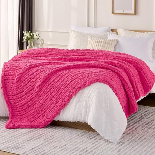 L'AGRATY Chunky Knit Throw Blanket for Couch, 50 x 60 Inches, Hot Pink by LAGRATY
