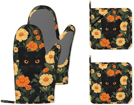 Black Cat Flowers Heat-Resistant Silicone Oven Mitts and Pot Holder 4 Piece Set,Non-Slip Kitchen Oven Gloves for Baking, BBQ, Cooking,Grilling by Unknown