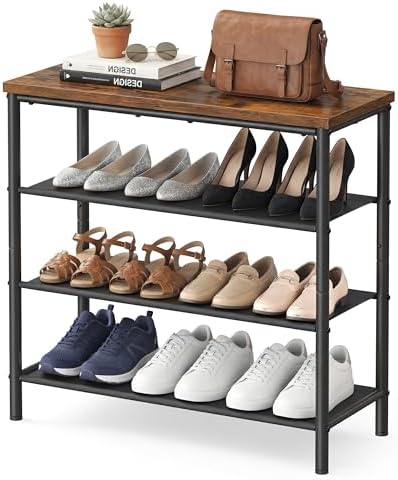 SONGMICS HOME 4-Tier Shoe Rack, Free Standing Shoe Storage Organizer, 12 x 29.7 x 28.2 Inches, Metal Frame with Top Surface for Closet Entryway, Rustic Brown and Black by SONGMICSHOME