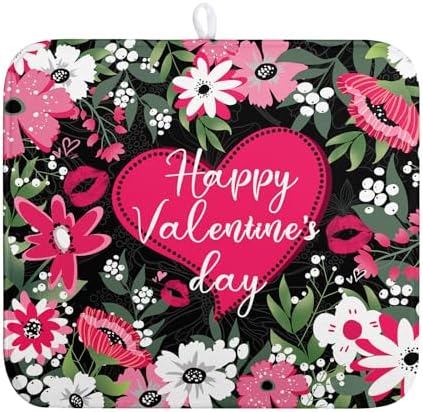 Heart Dish Drying Mat - 16x18 Inch Absorbent Dish Drainer Rack Mat - White Red Rose Floral Drying Pad - Valentine's Day Kitchen Accessories by Wnoesat