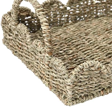 Household Essentials Seagrass Decorative Tray with Scalloped Edge, Handwoven Natural Wicker Organizer Basket with Handles & Iron Frame for Coffee Tables, Bathrooms & Countertops - Image 4