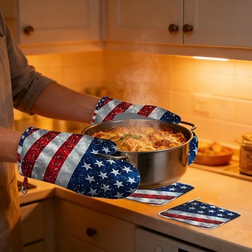 American Flag Oven Mitts and Pot Holders Sets,Extra Long 4th of July Kitchen Mittens for Cooking,Thick Cotton Heat Resistant Silicone Cooking Utensils Set for Baking Cooking Grilling - Image 6