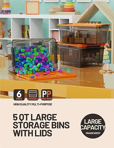 WYT 5-Quart Small Storage Container Bin with Orange Secure Lid and Black Clear Latch Buckles, Durable Plastic Stackable Nestable Organizin, 6-Pack - Image 6