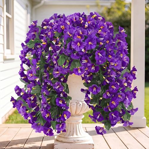 Sggvecsy Artificial Fake Hanging Flowers Plants for Outdoor Outside Spring Summer Decoration 4PCS Faux Silk UV Resistant Realistic Morning Glory Trailing Vines for Home Porch Patio Balcony(Purple) by Sggvecsy