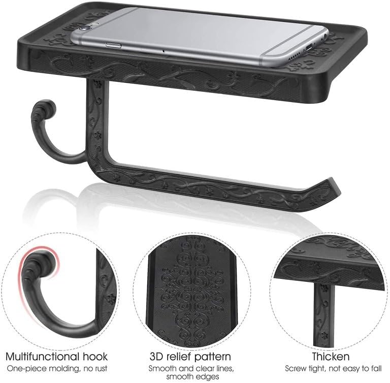 Vintage Toilet Paper Holder Wall Mount Toilet Roll Holder with Shelf and Hook Bronze Antique Bathroom Accessories Toilet Tissue Roll Holder Hanger Aluminum Material (Black) - Image 7