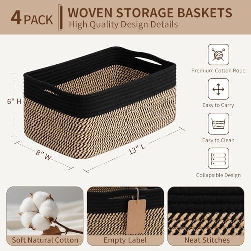 Goodpick 4 Pack Storage Baskets for Organizing Shelves, Black & Jute - Image 3