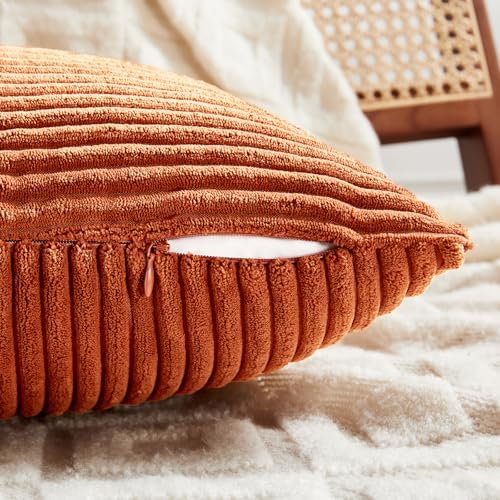 Fancy Homi Set of 2 Burnt Orange Decorative Throw Pillow Covers 24x24 Inch for Living Room Couch Bed, Boho Farmhouse Fall Home Decor, Soft Corss Corduroy Patchwork Textured Cushion Case 60x60 cm - Image 3