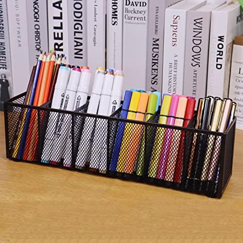 Black Mesh Pen Pencil Holder, Small Metal Desk Organizer Desktop Stationery Office Supplies Acessories Storage Stand, 6 Compartments Brushes Holder for Home School Classroom Teachers - Image 3