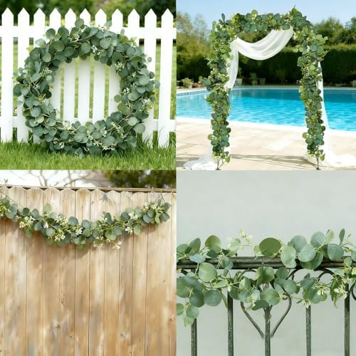 4 Packs 5.74 Ft Artificial Eucalyptus Garland Leaves with Flowers Artificial Fake Greenery Hanging Vines for Wedding Table Home Stairs Decor Decorations Garland for Mantle - Image 2