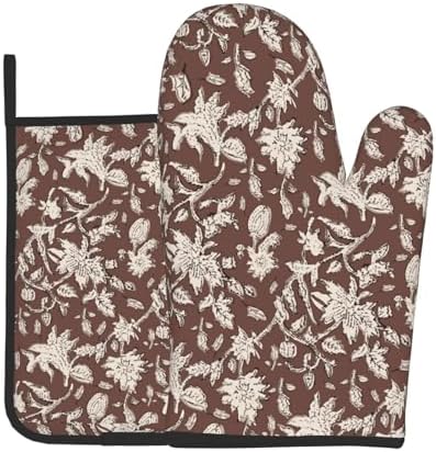 Vintage Block Print Brown Oven Mitts and Pot Holders Sets Floral Vine Oven Mitts Heat Resistant Flowers Kitchen Gloves Hot Pads Two Piece Set for Cooking Baking Grilling BBQ by Unknown