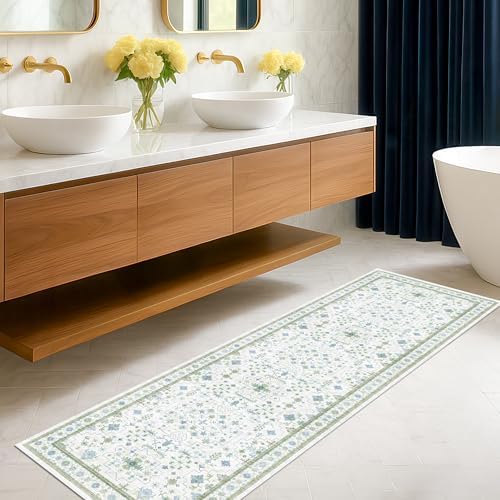 Hazo Haus Boho Bathroom Runner 2x7 - Cream Green Oushak Floral Turkish, Washable Low Pile Non Slip Stain Resistant Small Accent Rug for Kitchen, Hallway by HazoHaus