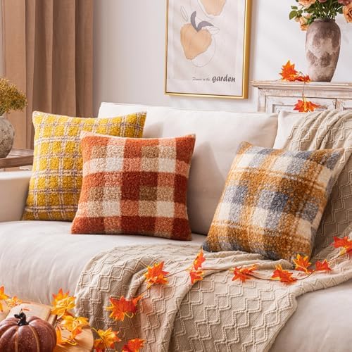 AQOTHES Plaid Fall Throw Pillow Covers Yellow Blue 20x20 Inch Set of 2 - Image 5