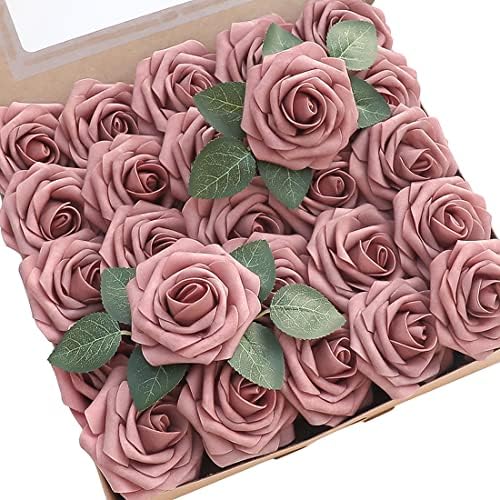 Floroom Artificial Flowers 50pcs Real Looking Dusty Rose Foam Fake Roses with Stems for DIY Wedding Bouquets Bridal Shower Centerpieces Floral Arrangements Party Tables Home Decorations by Floroom