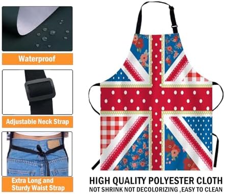 WONDERTIFY British Flag Apron,England Flag in Chic Floral Style Bib Apron with Adjustable Neck for Men Women,Suitable for Home Kitchen Cooking Waitress Chef Grill Bistro Baking BBQ Crafting Apron - Image 4