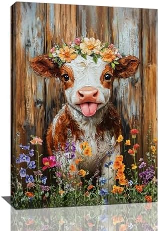 Funny Cow Bathroom Pictures Wall Art, Rustic Brown Cute Cow Bathroom Wall Decor, Farmhouse Floral Framed Painting Animal Flower Canvas Artwork for Bedroom Living Room Decorations 24" L x 16" W by Taimeng