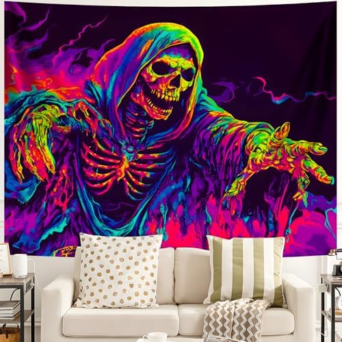 Blacklight Halloween Tapestry Horror Moon Night Scary Cemetery Pumpkin Lantern Halloween Tapestry Wall Hanging Skull Horror Poster Banners for Bedroom Livingroom (Skull man, 59L" x 51W", Unframed) - Image 2