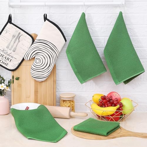 Homaxy 100% Cotton Waffle Weave Kitchen Dish Cloths 8-Pack, Grass Green - Image 6
