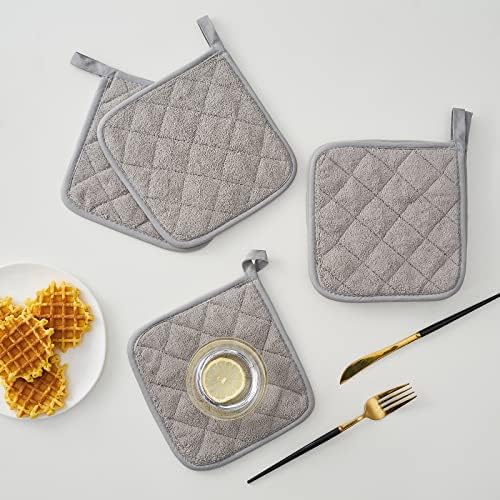 Kitchen Pot Holders Set Heat Resistant Pure Cotton Potholders Kit Trivets Large Coasters Hot Pads Terry Pot Holders for Everyday Cooking and Baking by 7 x 7 Inch Set of 4 Grey - Image 3