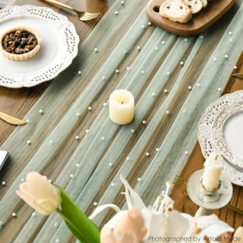 Artoid Mode Pearl Sage Green Gauze Table Runner 10FT Home Decor - Image 4