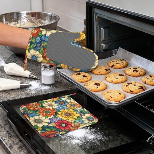 Flower Heat-Resistant Silicone Oven Mitts and Pot Holders,Cute Mandala Floral Long Oven Gloves with Non-Slip Grip for Cooking, Baking, Grilling,BBQ - Image 4