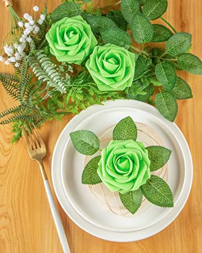 DuHouse 25Pcs Artificial Flowers Foam Roses with Stems(Light Green) - Image 2
