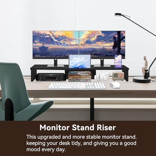 Dual Monitor Stand Riser with Phone Tablet Holder, 35.8in Large Monitor Stand for Desk, Computer Monitor Stand for 2 Monitors, Desk Shelf for Top of Desk, Desktop Organizer for Laptop, Printer, TV - Image 3