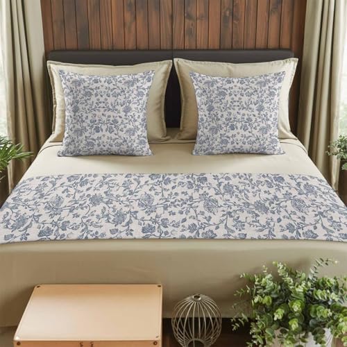 Beige Farmhouse Bed Runners for Cal King Size Beds Blue Boho Flower Bed Scarf Matching Decorative Throw Pillow Covers Vintage Botanical on Linen Hotel Beds End Blanket Towel Soft Bedspread Protection - Image 2