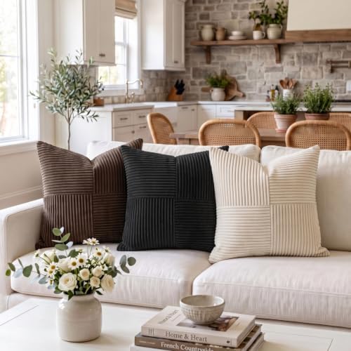 Fancy Homi 2 Packs Black Samll Decorative Throw Pillow Covers 12x12 Inch with for Couch Bed Sofa, Rustic Farmhouse Boho Home Decor, Soft Corss Patchwork Corduroy Square Cushion Case 30x30 cm - Image 2