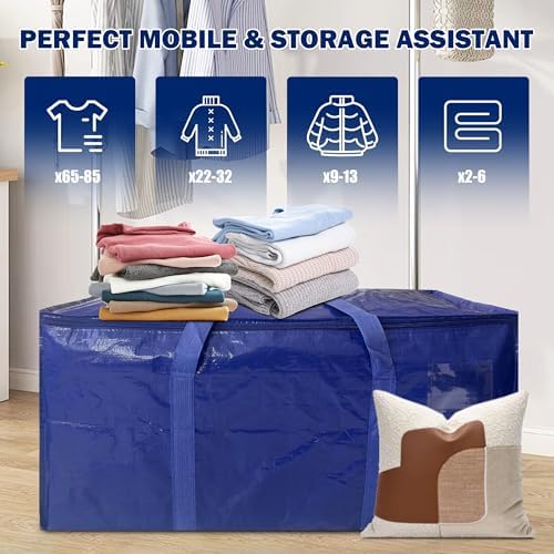 12 Pack Extra Heavy Duty Large Moving Bags with Strong Zipper & Carrying Handles, Sturdy Clothes Storage Bag Totes Bins, Packing Bags Moving Boxes College Moving Supplies, Dark Blue - 33 gal - Image 6