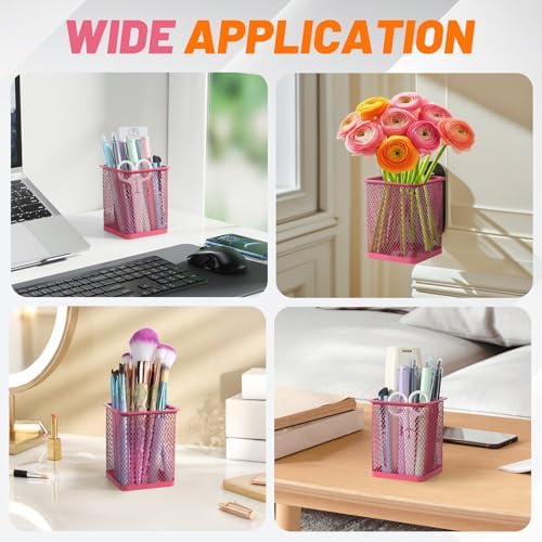 Segarty Pen Cup Holder, 3 Pack Square Dark Pink Pen Holder for Desk, Cute Mesh Pencil Cups Container Set for Office Supply, School Classroom, Home Desktop Storgae and Organization, Brushes Organizer - Image 6