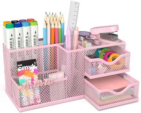 Mesh Desk Organizer with 2 Drawers, Metal Pen Holder for Desk, Pink by Unknown
