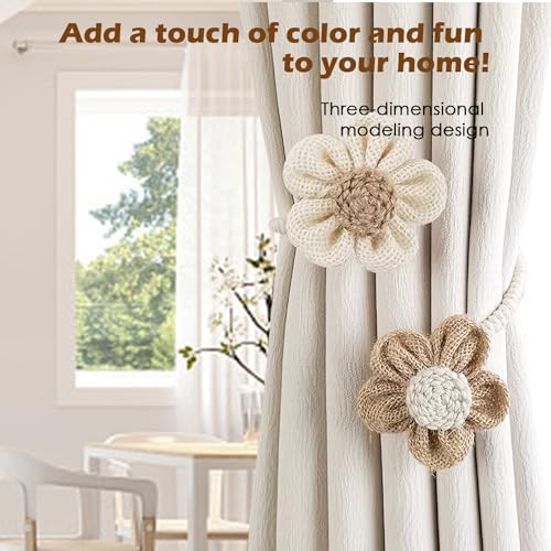 SRG Curtain Tiebacks for Curtains 2 Pack, Decorative Curtain Holdbacks for Drapes, Handmade Tie Backs No Drilling for Home Bedroom Window Decor – Sunflower Cream Khaki - Image 2