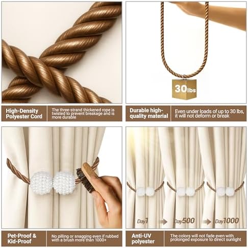 Hion Magnetic Curtain Tiebacks Dark Brown 6pcs, Curtain Holdbacks Hooks - Image 4