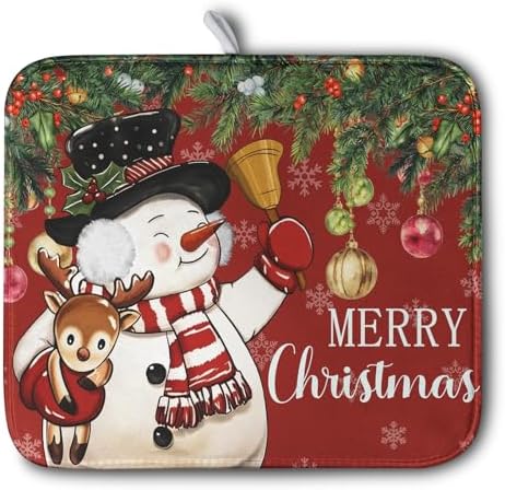Christmas Dish Drying Mats for Kitchen Counter 16x18 Cute Snowman Red Dish Drying Pad for Dishes Winter Xmas Holiday Dish Draining Mat Absorbent Microfiber Dish Drainer Rack Mats by Kwlegh