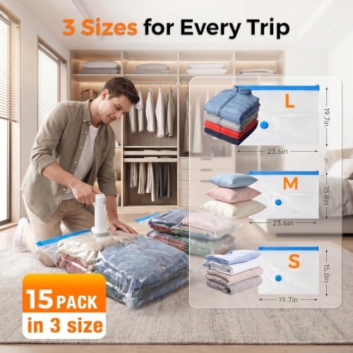 15 Pack Travel Vacuum Storage Bags with Rechargeable Cordless Pump, 3 Sizes - Image 4