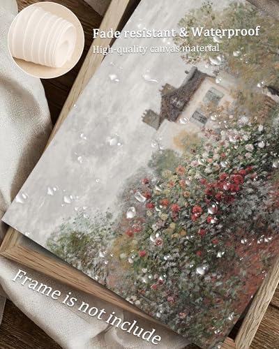 Vodefoad Vintage Rose Garden Wall Decor, Country Landscape Wall Art, Cottage Flower Garden Landscape Oil Art Print, Pastoral Style Retro Wall Decor for Gallery Living Room Bedroom (UNFRAMED 8x10in) - Image 3
