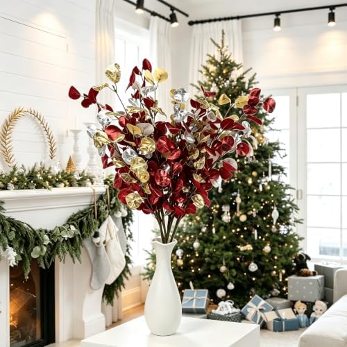 6Pcs Artificial Christmas Eucalyptus Stems 27.55 Inch Red Gold Silver Silk Faux Leaves Flexible Branches for Vase Table Centerpiece Xmas Home Wedding Decor - Image 4
