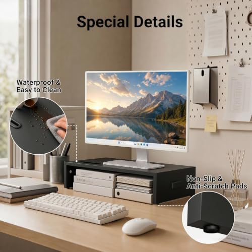 1home Monitor Stand Riser, 16.7 Inch Wood Monitor Riser Stand with Storage Organizer, Desktop Ergonomic Monitor Stand Riser with Cellphone Holder and Cable Management, Black - Image 4