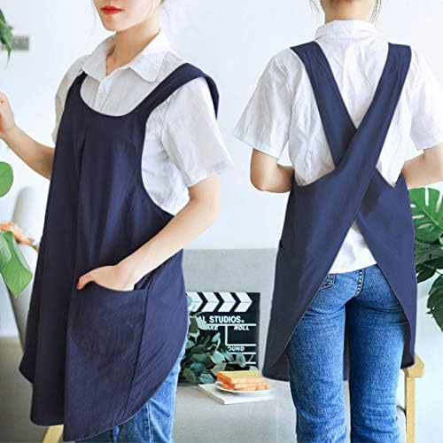 NEWGEM Japanese Cotton Linen Cross Back Cooking Apron for Women Men with Pockets Cute for Baking Kitchen - Image 3
