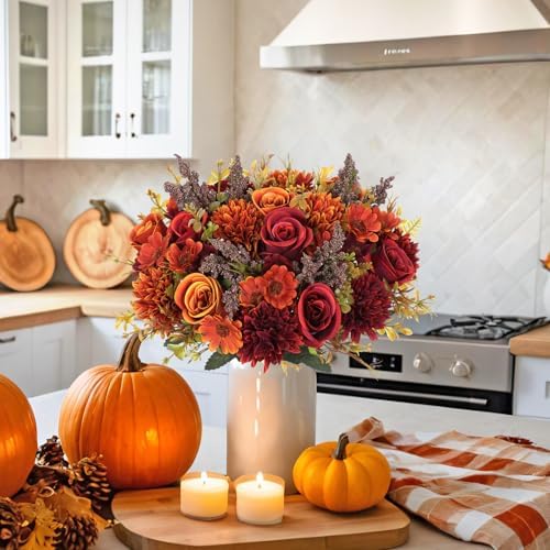Dremisland Artificial Fall Flowers 4 Packs Silk Roses Bouquet Fall Decor - Image 5