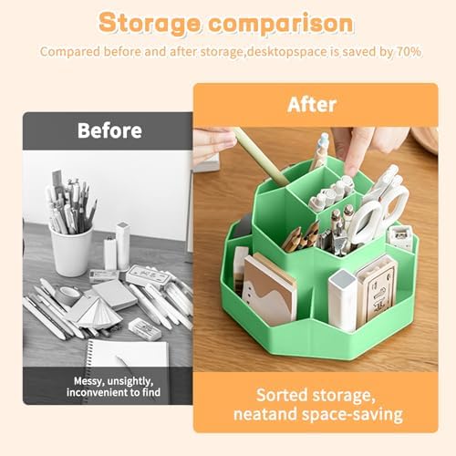 Pencil Pen Holder for Desk,9 Slots 360 Degree Rotating Desk Organizers,Desktop Storage Stationery Supplies Organizer, Cute Pencil Cup Pot For Office, School, Home(Green) - Image 3