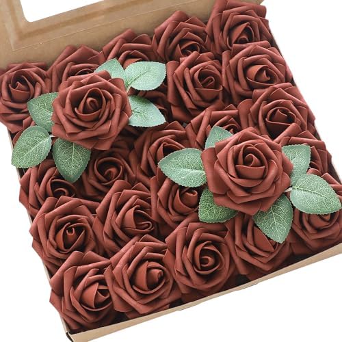 Floroom Artificial Flowers 25pcs Real Looking Terracotta Foam Fake Roses with Stems for DIY Wedding Bouquets Bridal Shower Centerpieces Floral Arrangements Party Tables Home Decorations by Floroom