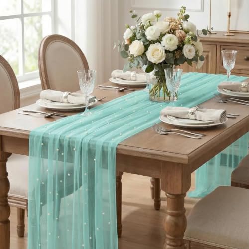 Artoid Mode Pearl Turquoise Gauze Table Runner 10FT Home Decor - Image 3