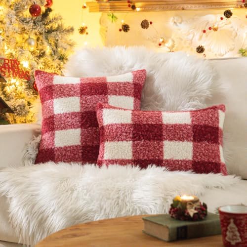 AQOTHES Red Black Plaid Christmas Throw Pillow Covers 24x24 Inch Set of 2 - Image 2