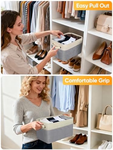BALEINE 3 Pack Fabric Closet Storage Bins for Shelves, Linen Closet Organizers and Storage, Decorative Baskets for Organizing, Shelf, Clothes, Home, Office (Grey, 14''x10''x8.5'') - Image 5