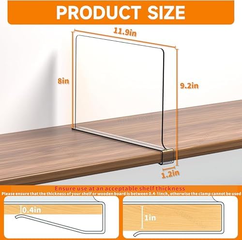 Yieach 4 Pack Clear Acrylic Shelf Divider for Closet Organization - 9.2″ Tall Closet Dividers for Wood Shelves,Cupboard,Vertical Shelf Separators in Closet for T-Shirt,Purse,Handbag,Sweater Organizer - Image 2