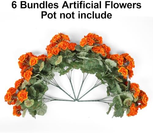 Fake Geraniums Artificial Flowers for Outdoors, 6 Bundles Silk Geraniums Flowers Realistic UV Resistant Fake Plants Faux Flower for Outside Planters Front Door Garden Balcony Yard Porch Indoor, Orange - Image 5