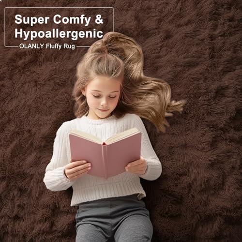 OLANLY 2x8 Machine Washable Runner Rugs for Hallway, Soft Fluffy Shaggy Bedside Rugs for Bedroom, Living Room, Indoor Floor Carpet for Kids Girls and Boys, Nursery Rooms, Home Decor Aesthetic, Coffee - Image 5
