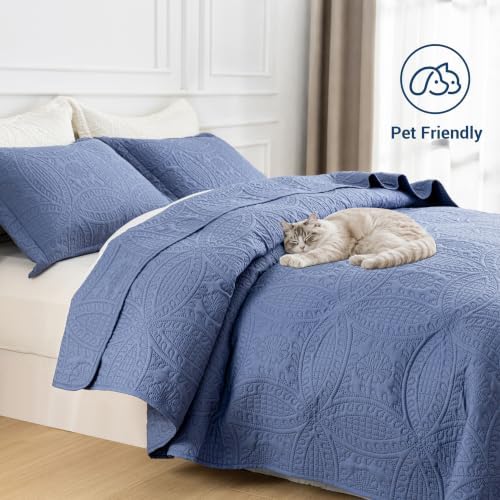 SheRest King Quilt Bedding Set - Grayish Blue Soft Breathable Bed Quilt, Modern Style Embossed Bedspreads, Lightweight Microfiber Reversible Coverlet for All Seasons-3 Pieces (1 Quilt,2 Pillow Shams) - Image 2